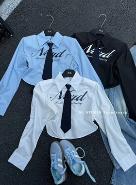 欧洲站2026春季新款韩版气质字母印花短款配领带衬衫女上衣A10038