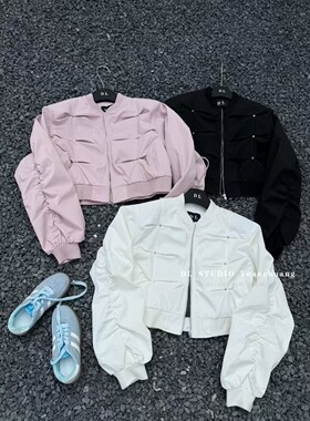 2026新款今年流行爆款小个子夹克铆钉褶皱袖棒球服外套上衣A10027