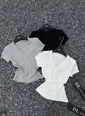 纯欲漂亮性感辣妹蕾丝花边V领短袖T恤女修身内搭短款上衣A10079