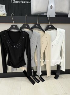 棉混纺打底长袖 修身 上衣A10068 2026年春季 V领烫钻打底T恤休闲女款