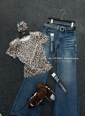 2026春季新款韩版气质丝绒豹纹圆领短款T恤女上衣配头花A10017