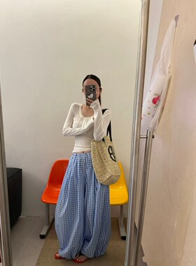 2026夏季新款韩版蓝色格子灯笼裤女宽松显瘦休闲裤潮A10660