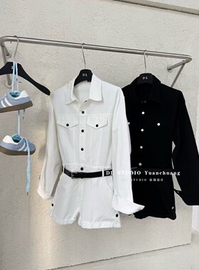 2026韩版新款十三行通勤长袖Polo领单排扣牛仔连体裤配腰带A10055