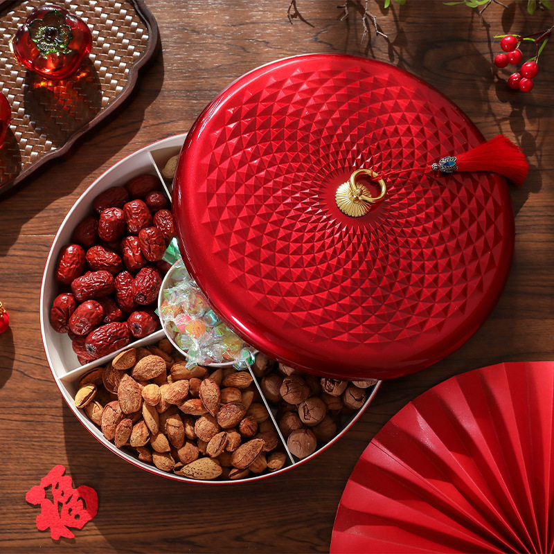 国潮风中国红果盘糖果盘分格带盖