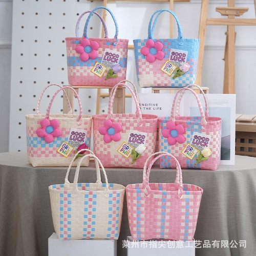 夏日多巴胺彩色编织菜篮子包清新