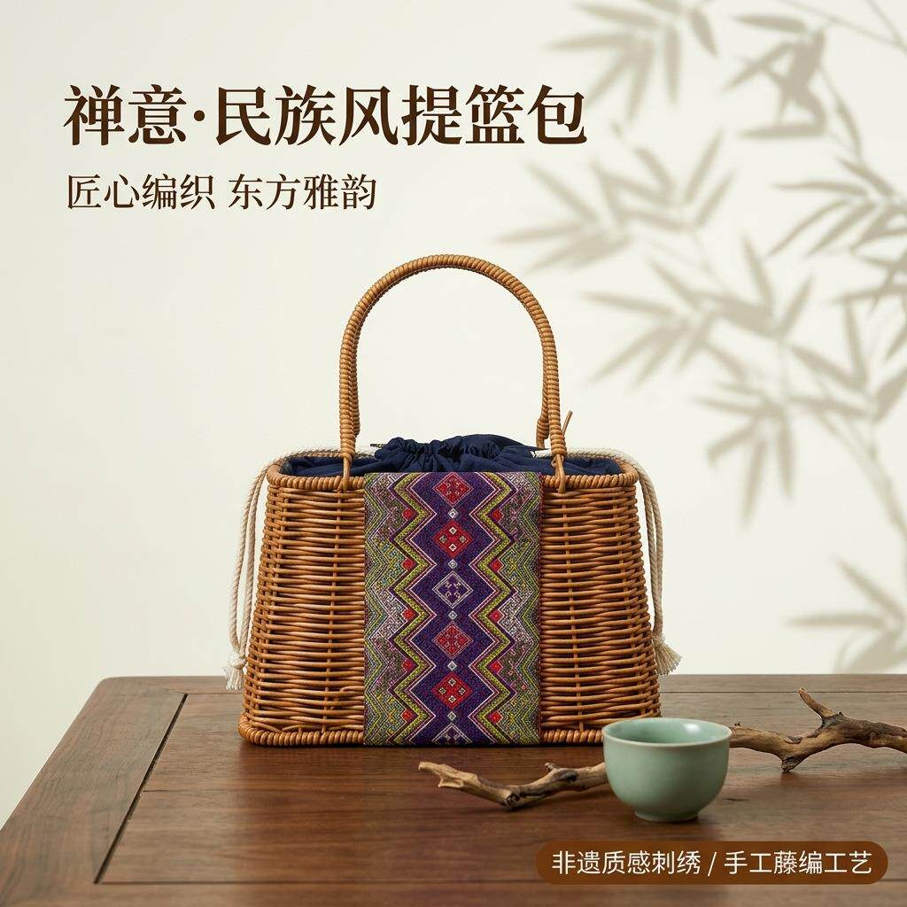 手工仿藤编民族风提篮包新中式刺