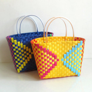 手工编包大容量慈善款撞色编织菜篮子包购物包宠物篮手提包沙滩包