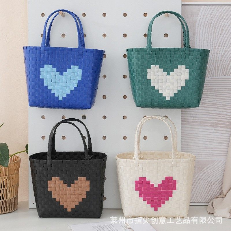 创意撞色爱心菜篮子塑编包手工编织大容量手提伴手礼结婚礼品包包,收纳整理,其他收纳篮,淘宝优惠券,粉丝福利购,淘宝优惠卷