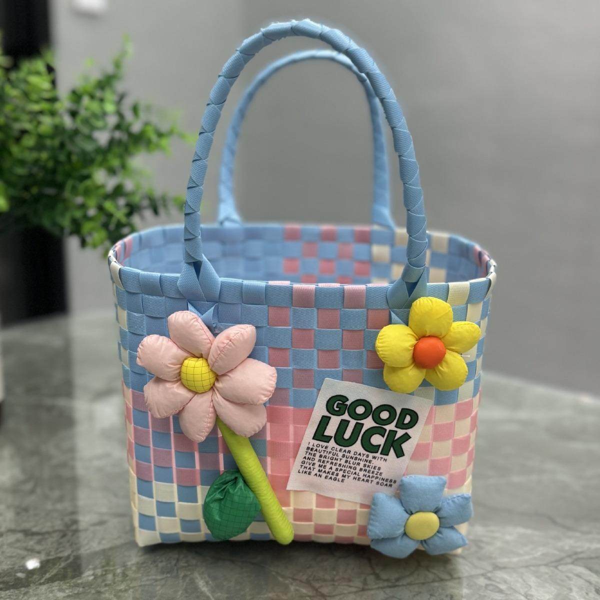 夏日多巴胺彩色编织菜篮子包清新甜美大容量拼色格子伴手礼手拎包,收纳整理,其他收纳篮,淘宝优惠券,粉丝福利购,淘宝优惠卷