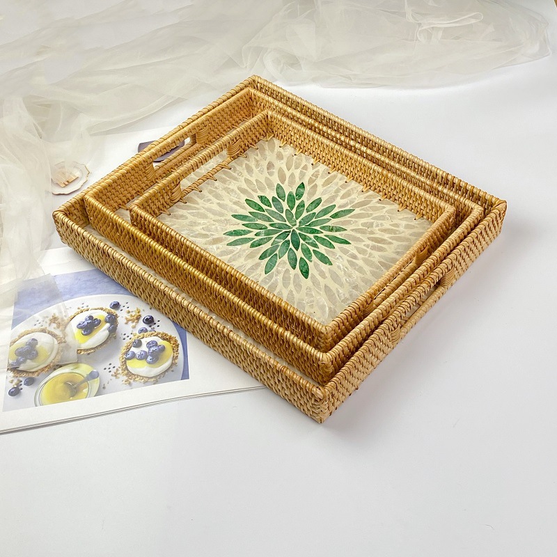 越南藤编织彩色贝壳托盘家用水果零食收纳酒店面包点心长方形置物