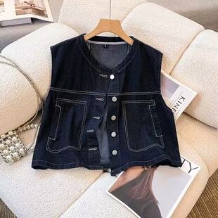 小个子复古深蓝色叠穿牛仔马甲女夏季 小众外搭背心上衣外套350