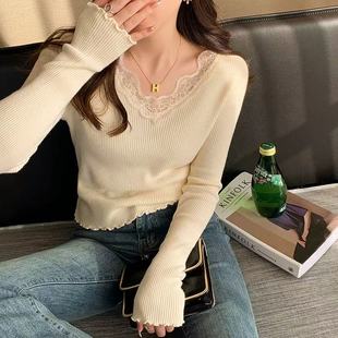 纯欲上衣1747 高级感内搭显瘦修身 小个子打底衫 秋冬v领蕾丝针织衫