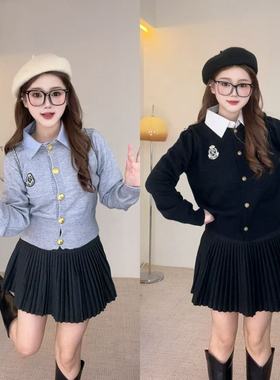 小个子假两件徽章韩系温柔风T恤宽松设计感上衣百搭毛衣开衫05642