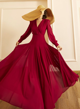 法式轻奢玫紫色高腰大摆连衣裙显瘦度假女V领长裙 71682