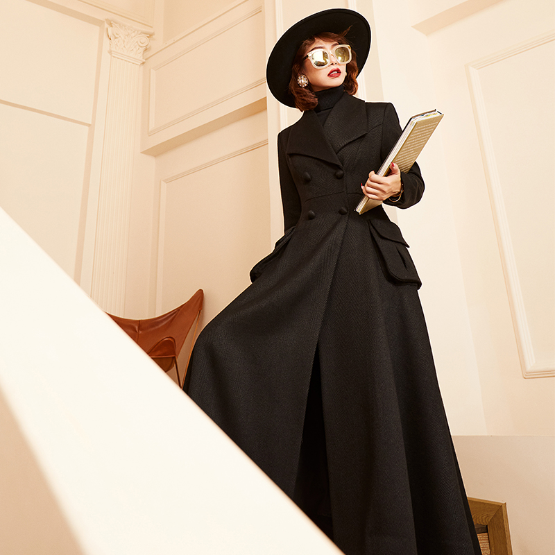 pussycat猫咪毛呢人字呢长款通勤