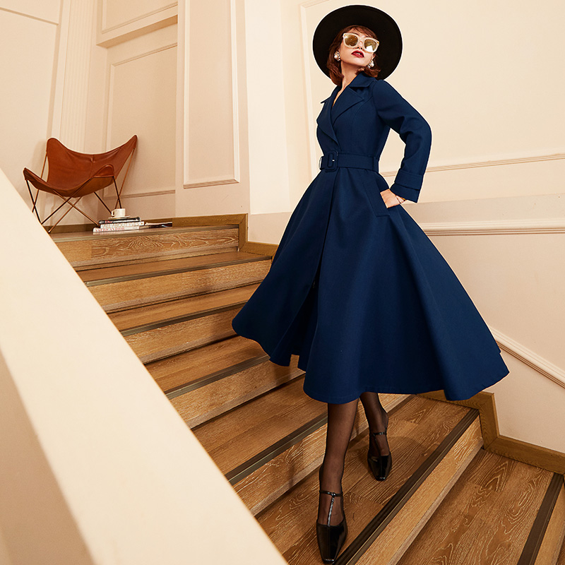 法式A字裙纯色纽扣，腰带，口袋