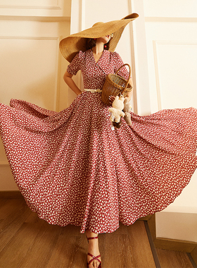 法式复古夏日浪漫碎花大摆连衣裙长款度假裙显瘦 72127