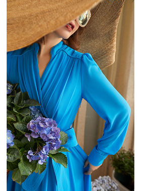 晴空蓝法式轻奢长款重工排褶复古显瘦连衣裙大摆裙女 70688