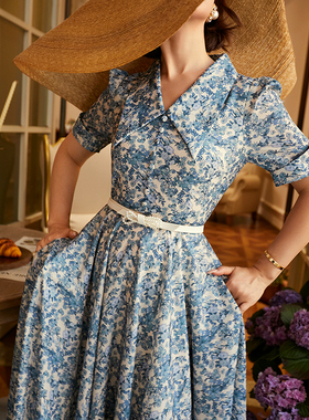 法式复古夏日浪漫碎花大摆连衣裙长款度假裙显瘦印花女裙 72127