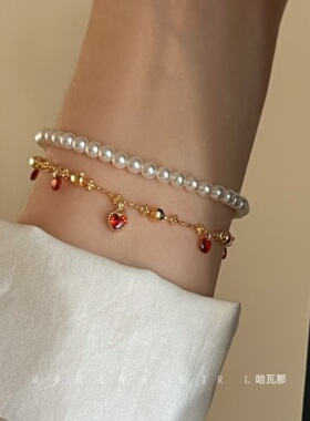 LaHabanagirl 金属链条爱心红色新潮金色心形时尚气质设计感手链