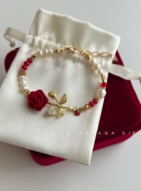 LaHabanagirl蔷薇盛放珍珠玫瑰花红色轻奢法式复古流苏花朵手链