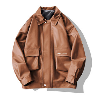 棕色翻领PU皮夹克男春秋机车风宽松工装外套高街痞帅皮衣