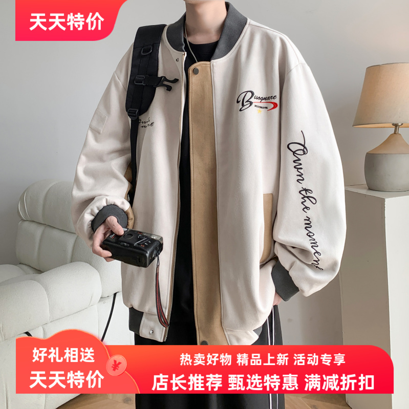 秋冬黑色新款上市宽松型内景港风机车绣花拼接夹克外套棒球服男