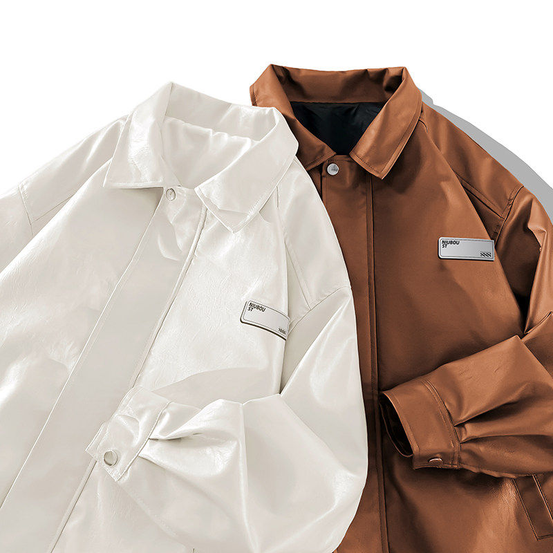 米白色翻领休闲夹克秋季新款宽松贴标设计机车皮衣外套情侣潮牌