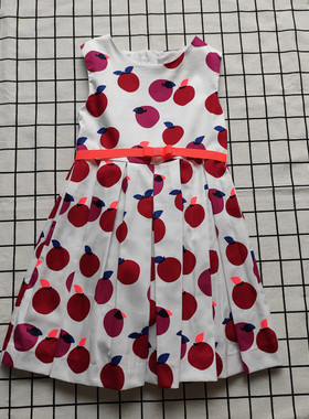 法单J家新款女童白色苹果花图案腰带纯棉夏季薄款连衣裙公主裙