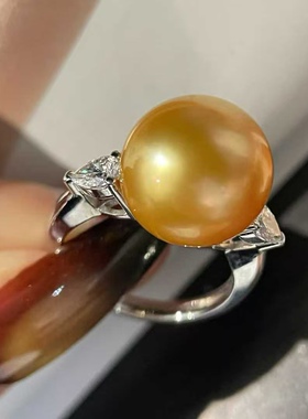 天然海水13-14mm南洋金珠戒指 颜色浓郁皮光好 PT750培育钻石镶嵌