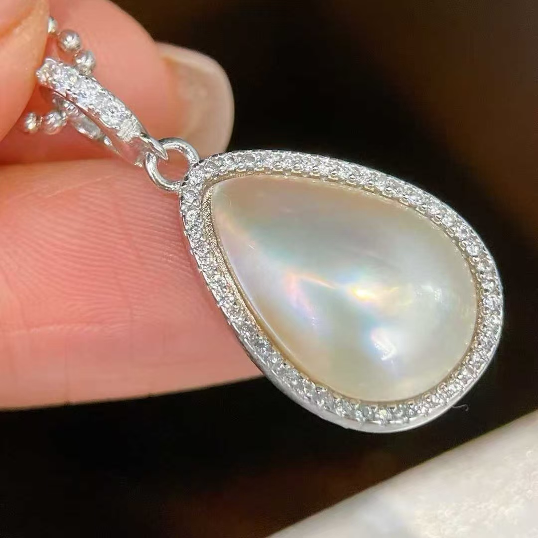 天然海水17*12mm水滴马贝吊坠 万能扣 精品银镶嵌