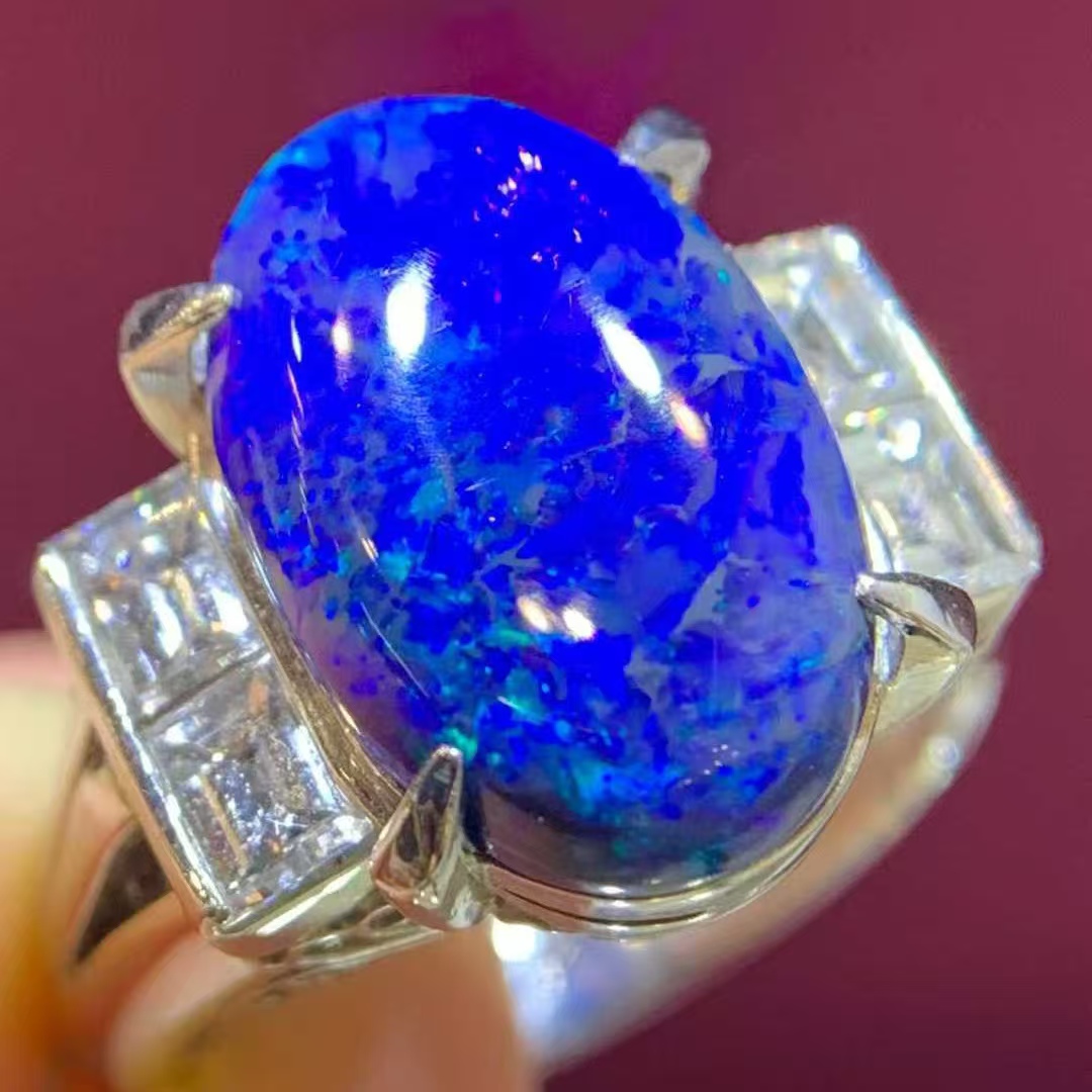 香港珠宝展直播 PT铂金钻石镶嵌 天然欧泊戒指 主石3.73克拉