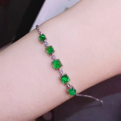 PT铂金钻石镶嵌 1.8ct糖塔祖母绿手链 荧光感强 VVG色泽晶莹剔透