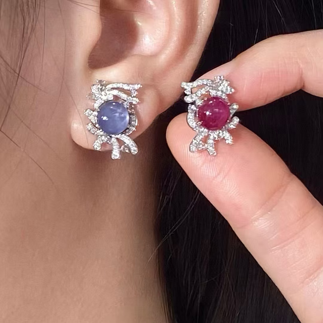 PT950钻石镶嵌 天然缅甸星光宝石耳钉 主石5.02克拉 日常百搭款