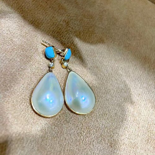 天然海水12-14mm流光溢彩胖水滴马贝耳环 18K金钻石绿松石镶嵌