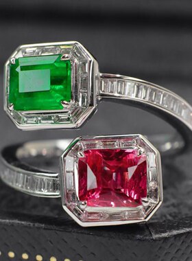 18K金钻石镶嵌天然无烧尖晶+祖母绿戒指双石款 主石1+1.2ct