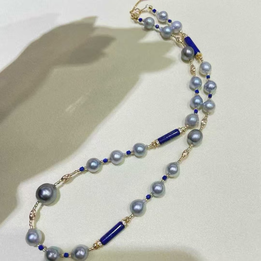 天然海水青金石真多麻大溪地珍珠混彩项链 克莱因蓝的复古美