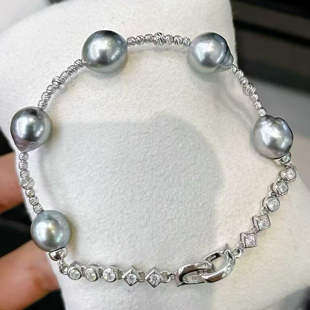 天然海水8-9mm气质款大溪地泡泡链黑珠手链 巴洛克珠型灵动不死板