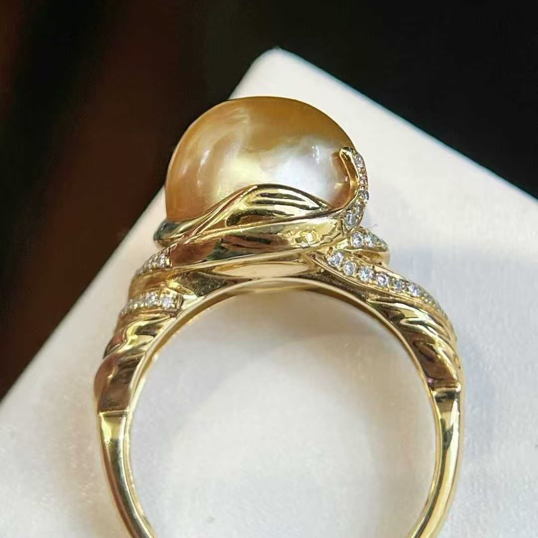天然海水11-12mm浓色Keshi金珠戒指 18K金钻石镶嵌 形体饱满