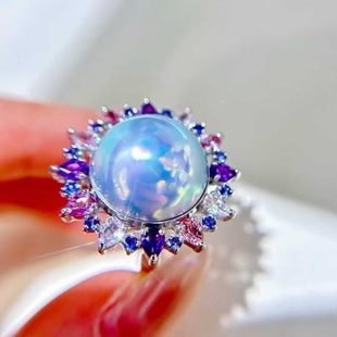 天然海水26.3mm极强光炫彩星空蓝马贝戒指 清晰可见人影的镜面光