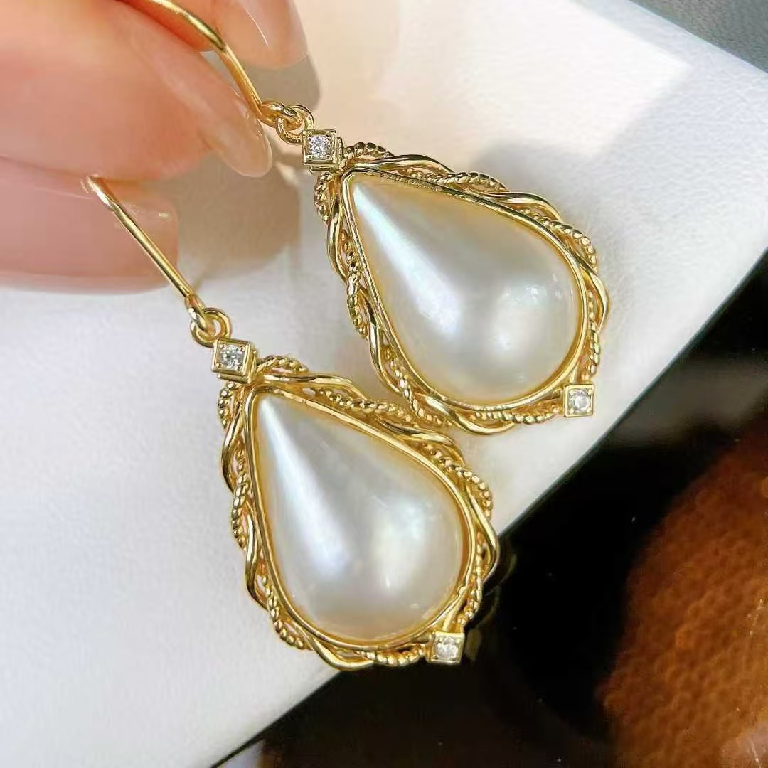 天然海水13*20mm水滴马贝耳环 精工银麻花缠绕包边