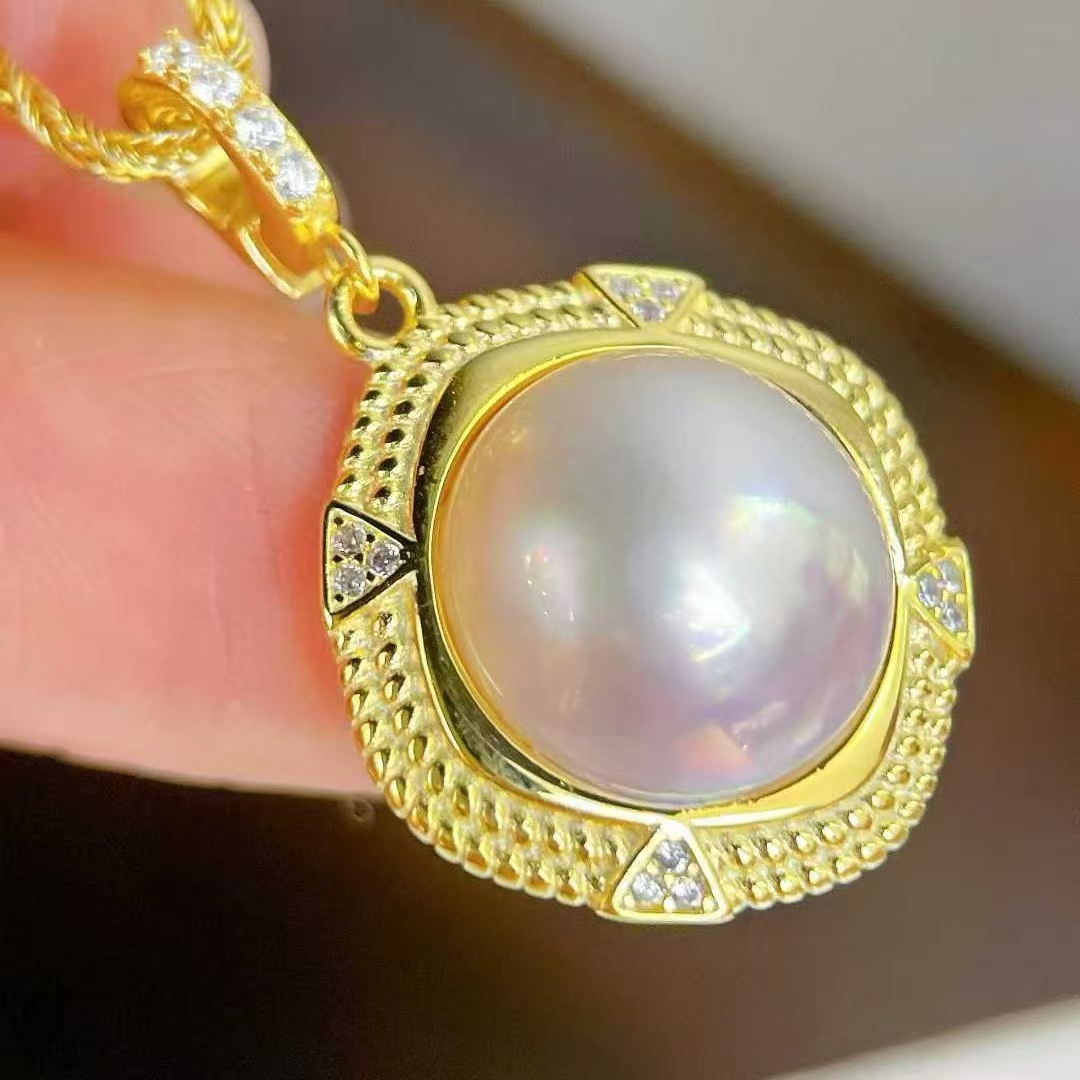 天然海水20mm天然海水马贝珍珠吊坠 复古麻花包边 万能扣头