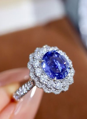 18K金钻石镶嵌 天然无烧蓝宝石戒指/吊坠两用款 主石3.88克拉