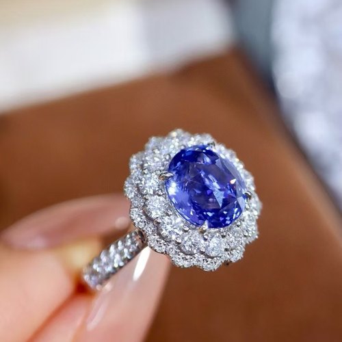 18K金钻石镶嵌 天然无烧蓝宝石戒指/吊坠两用款 主石3.88克拉