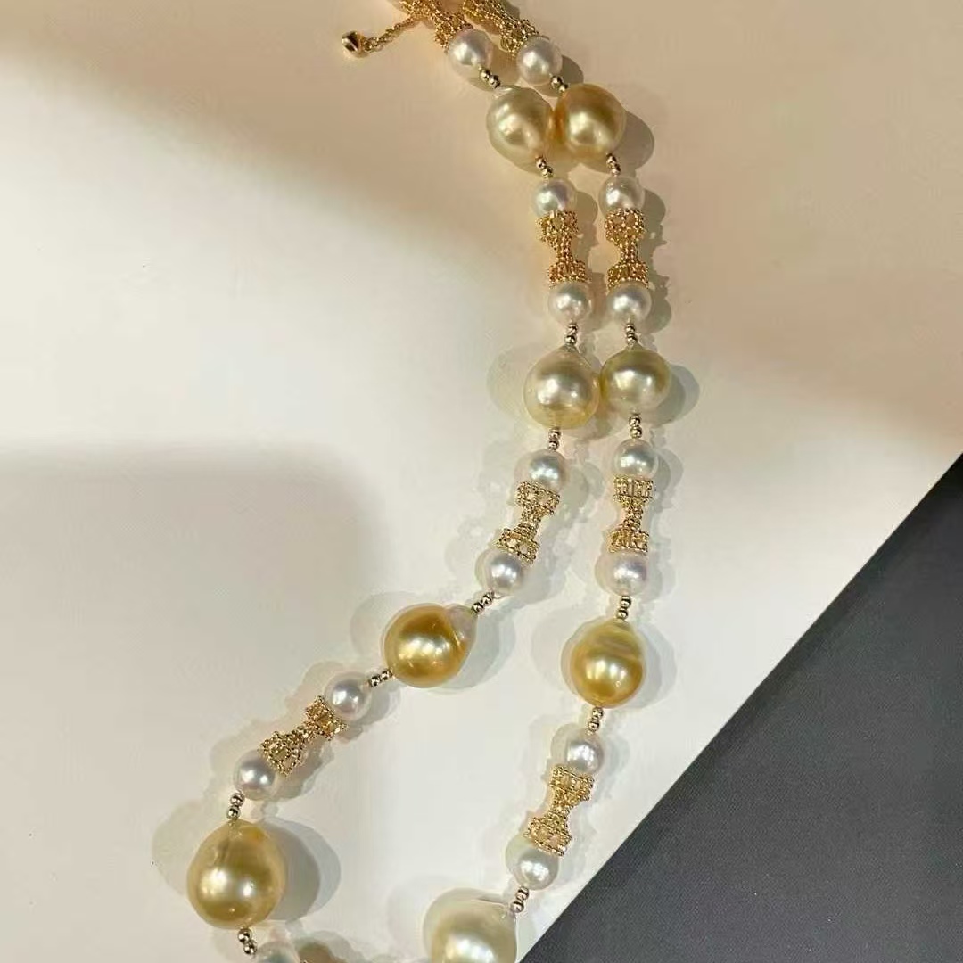 天然海水7-12mm金珠akoya小蛮腰项链 925银重工打造 秋冬美丽