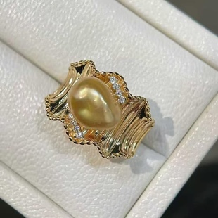 且有自己独特风格 个性 10mm无核野生金珠keshi戒指 天然海水9