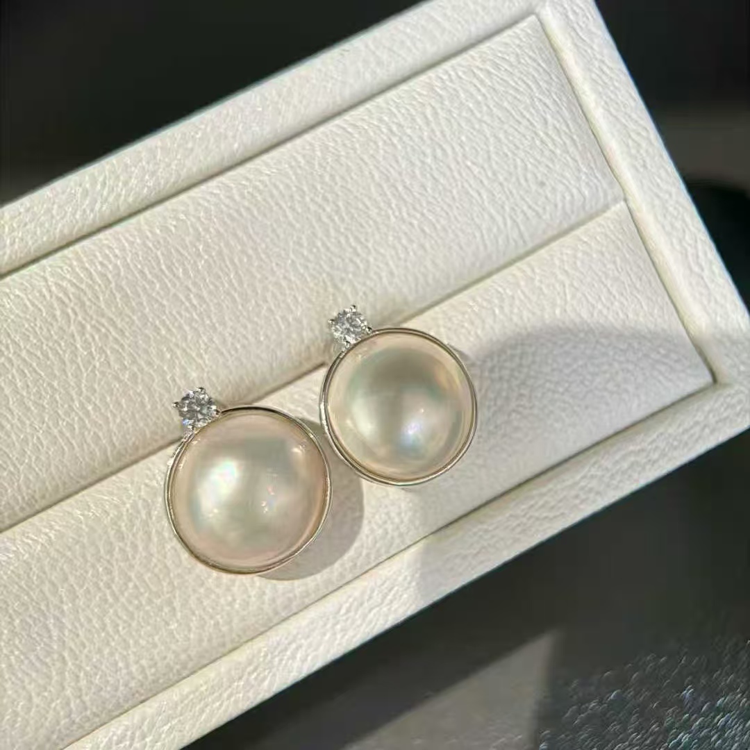 天然海水14-15mm王妃款海水马贝耳钉 精品银镶嵌