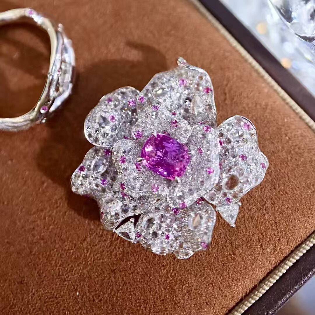 18K金钻石彩宝镶嵌 天然无烧帕帕拉恰戒指/吊坠/胸针三用 花朵款