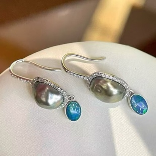 天然海水7.9 18K金钻石镶嵌 9.8mm大溪地无核keshi欧泊耳勾