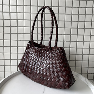 法式 真皮菜篮子手工手提单肩头层牛皮编织包女简约通勤复古休闲